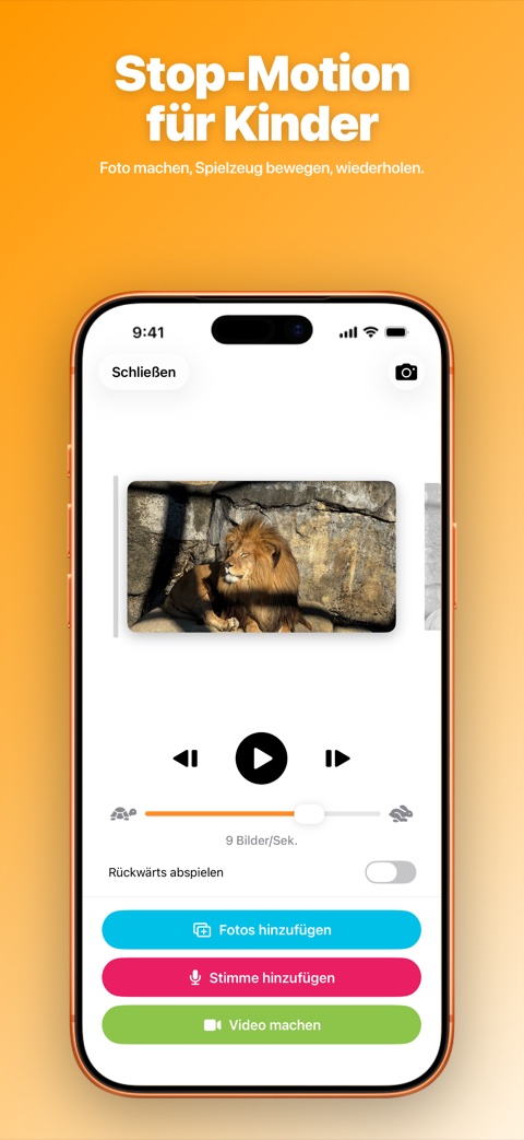 Bildschirm der Komakoma-App, der Fotos zeigt, die zu einer Animation verbunden werden.